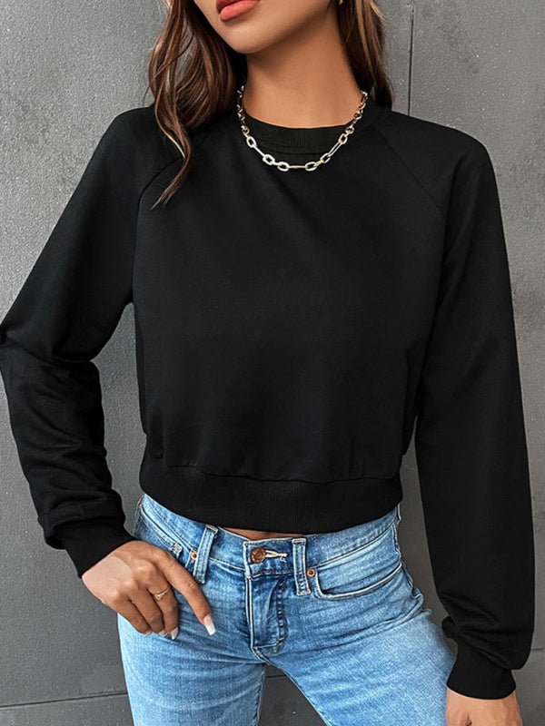 New women's long - sleeved round neck solid color sweater - Outerwear